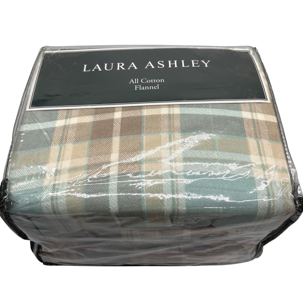 Laura Ashley Full Sheet Set Flannel Blue Brown Plaid 4 Piece New